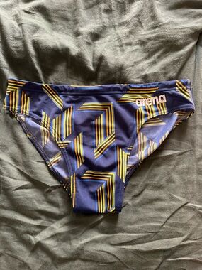 Arena Men's Navy Swim Trunks with Yellow Geometric Stripe Print